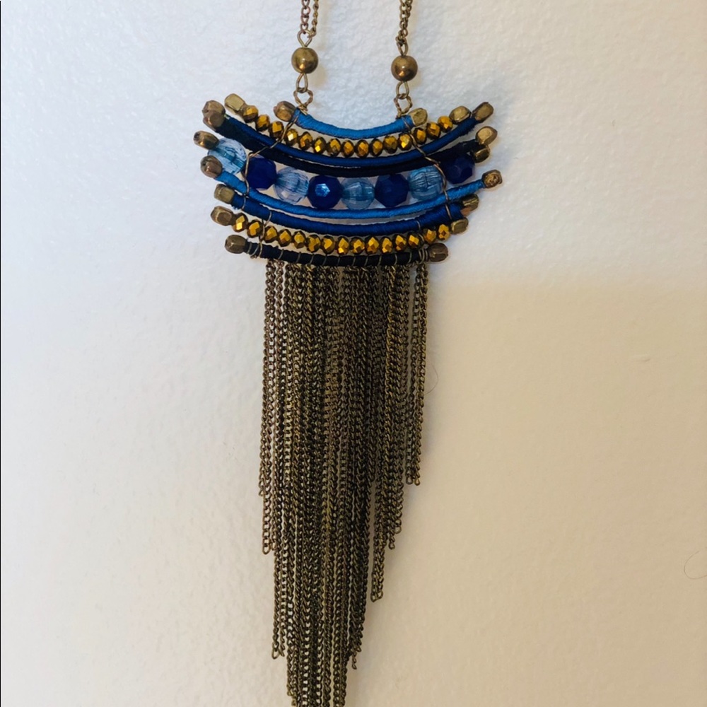 Blue and gold bohemian fringe necklace